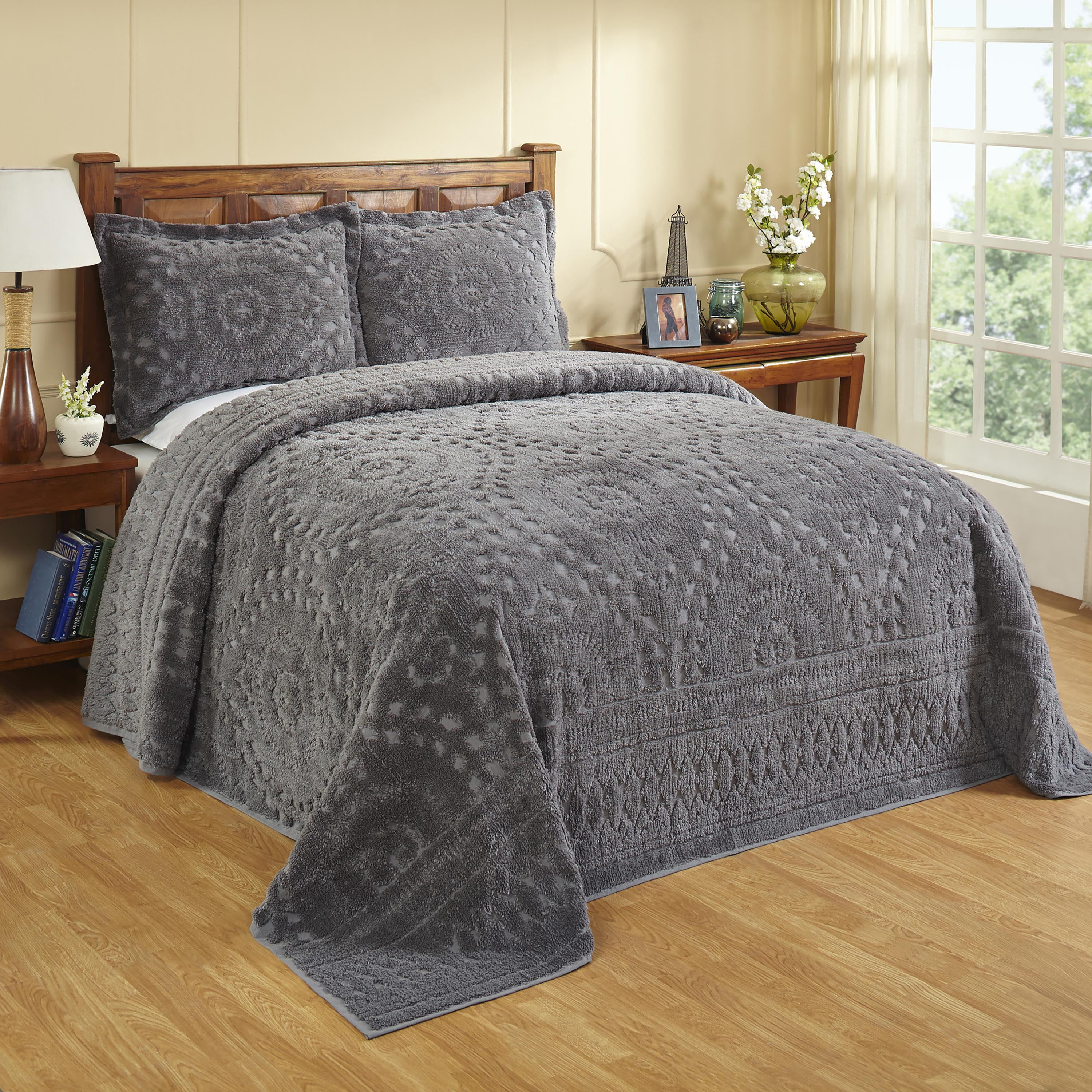 Better Trends 3 Piece Full/Double Bedspread Set 100% Cotton Chenille Tufted Medallion Pattern Soft & Luxurious Feel, Perfect for Gifting and All Seasons, Machine Washable (Gray) Rio Collection