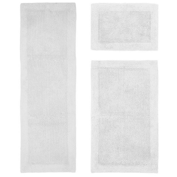 Better Trends 3 Piece Premium Bathroom Rug Set 100% Cotton Soft Tufted Bath Mat Water absorbent Reversible Bath Rug Perfect for Bathroom, Shower and Bathtub Use, White - Edge Collection