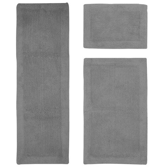 Better Trends 3 Piece Premium Bathroom Rug Set 100% Cotton Soft Tufted Bath Mat Water absorbent Reversible Bath Rug Perfect for Bathroom, Shower and Bathtub Use, Gray - Edge Collection