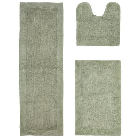 Better Trends 3 Piece Premium Bathroom Rug Set 100% Cotton Soft Tufted Bath Mat Water absorbent Reversible U shape Toilet Bath Rug for Bathroom, Shower and Bathtub Use, Dark Sage - Edge Collection