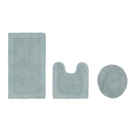 Better Trends 3 Piece Premium Bathroom Rug Set 100% Cotton Soft Tufted Bath Mat Water absorbent Reversible U shape Toilet Bath Rug Perfect for Bathroom, Shower and Bathtub Use, Blue - Edge Collection