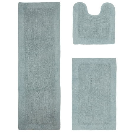Better Trends 3 Piece Premium Bathroom Rug Set 100% Cotton Soft Tufted Bath Mat Water absorbent Reversible U shape Toilet Bath Rug Perfect for Bathroom, Shower and Bathtub Use, Blue - Edge Collection