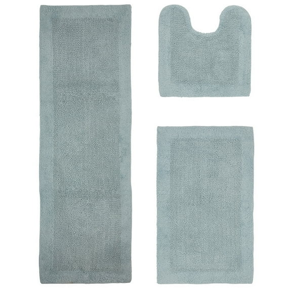 Better Trends 3 Piece Premium Bathroom Rug Set 100% Cotton Soft Tufted Bath Mat Water absorbent Reversible U shape Toilet Bath Rug Perfect for Bathroom, Shower and Bathtub Use, Blue - Edge Collection