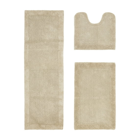 Better Trends 3 Piece Premium Bathroom Rug Set 100% Cotton Soft Tufted Bath Mat Water absorbent Reversible U shape Toilet Bath Rug Perfect for Bathroom, Shower and Bathtub Use, Sand - Edge Collection