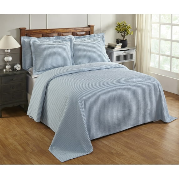 Better Trends 3-Piece Queen Bedspread Set 100% Cotton Chenille, Soft & Cozy Stripe Pattern, All-Season Bedding, Machine Washable (Blue) Jullian Collection