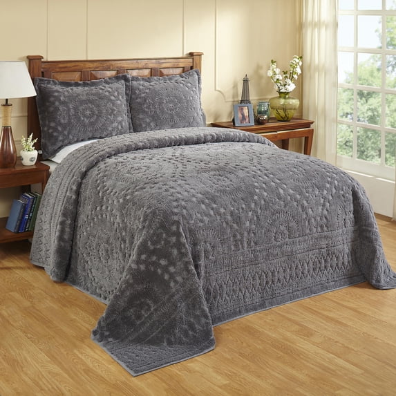 Better Trends 3 Piece Queen Bedspread Set 100% Cotton Chenille Tufted Medallion Pattern Soft & Luxurious Feel, Perfect for Gifting and All Seasons, Machine Washable (Gray) Rio Collection