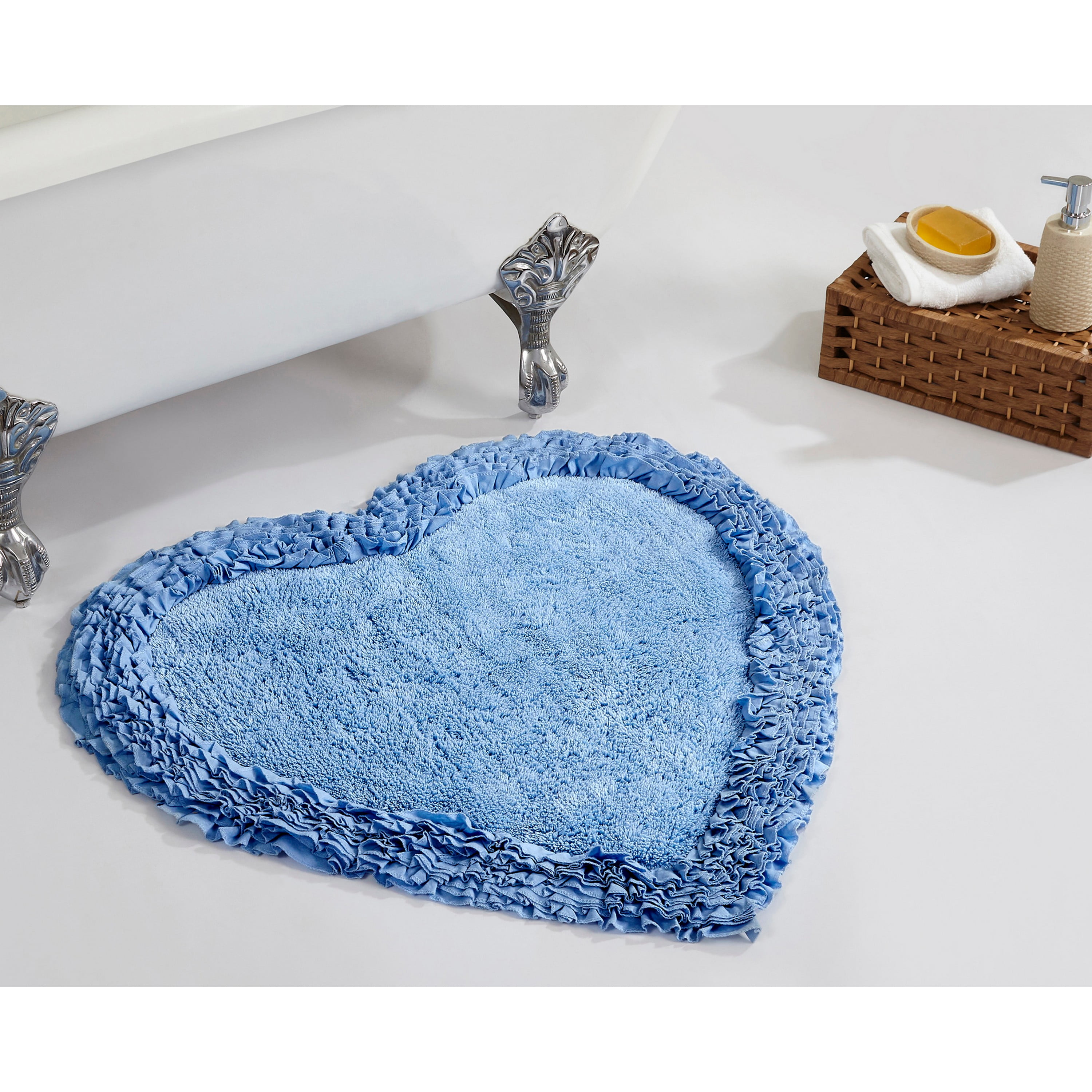 Better Trends 30'' x 30'' Heart Shape Bathroom Rug with Non Slip Backing 100% Cotton Water Absorbent, Machine Washable, (Blue) Shaggy Border Collection