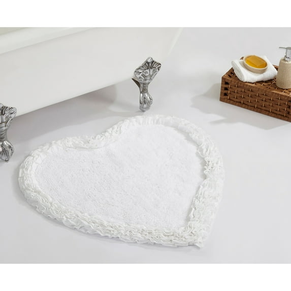 Better Trends 30'' x 30'' Heart Shape Bathroom Rug with Non Slip Backing 100% Cotton Water Absorbent, Machine Washable, (White) Shaggy Border Collection