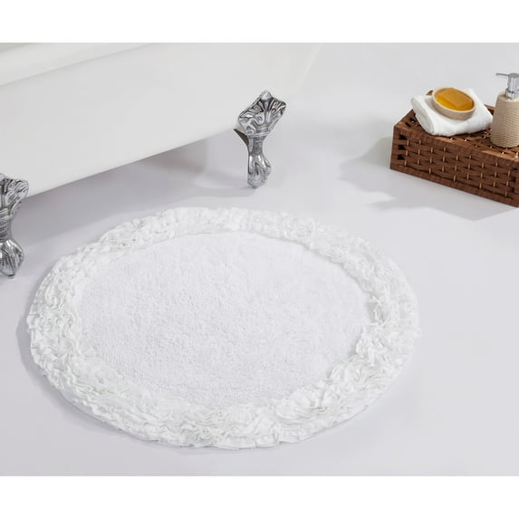 Better Trends 30'' x 30'' Round Shape Bathroom Rug with Non Slip Backing 100% Cotton Water Absorbent, Machine Washable, (White) Shaggy Border Collection