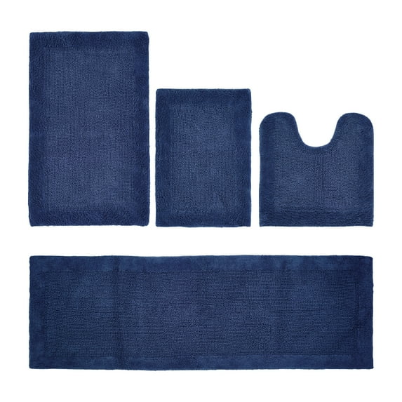 Better Trends 4 Piece Premium Bathroom Rug Set 100% Cotton Soft Tufted Bath Mat Water absorbent Reversible U shape Toilet Bath Rug Perfect for Bathroom, Shower and Bathtub Use, Navy - Edge Collection