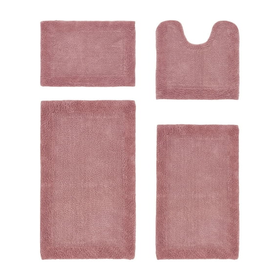 Better Trends 4 Piece Premium Bathroom Rug Set 100% Cotton Soft Tufted Bath Mat Water absorbent Reversible U shape Toilet Bath Rug Perfect for Bathroom, Shower and Bathtub Use, Pink - Edge Collection