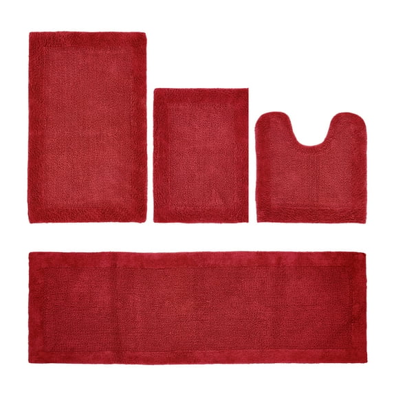Better Trends 4 Piece Premium Bathroom Rug Set 100% Cotton Soft Tufted Bath Mat Water absorbent Reversible U shape Toilet Bath Rug Perfect for Bathroom, Shower and Bathtub Use, Red - Edge Collection