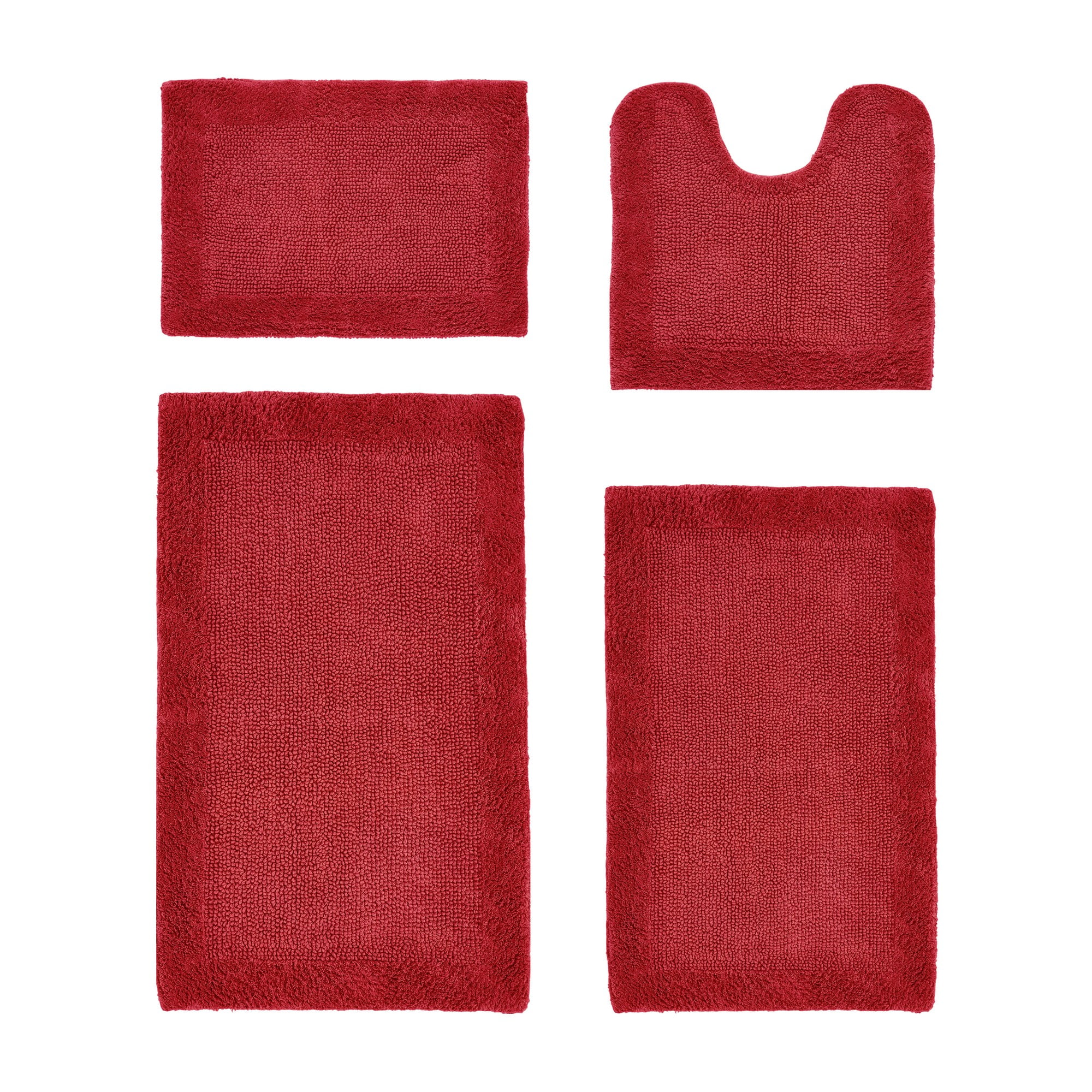Better Trends 4 Piece Premium Bathroom Rug Set 100% Cotton Soft Tufted Bath Mat Water absorbent Reversible U shape Toilet Bath Rug Perfect for Bathroom, Shower and Bathtub Use, Red - Edge Collection