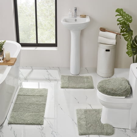Better Trends 4 Piece Bathroom Rug Set, 100% Cotton, Extra Soft Tufted Bath Mat, Water Absorbent & Non Slip Bath Rug, (Dark Sage) Granada Collection
