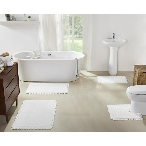 Better Trends 4 Piece Bathroom Rug Set 100% Cotton, Extra Soft Tufted Bath Mat, Water Absorbent & Reversible Mat, White Lilly Crochet Collection