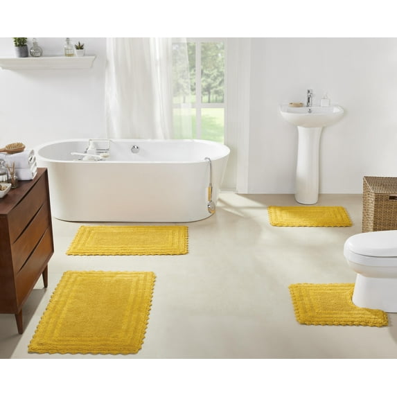 Better Trends 4 Piece Bathroom Rug Set 100% Cotton, Extra Soft Tufted Bath Mat, Water Absorbent & Reversible Mat, Yellow Lilly Crochet Collection