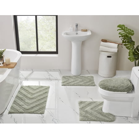 Better Trends 4 Piece Bathroom Rug Set 100% Cotton Extra Soft Tufted Bath Rug Water Absorbent Non-Slip Bath Mat Machine Washable (Dark Sage) Hugo Collection