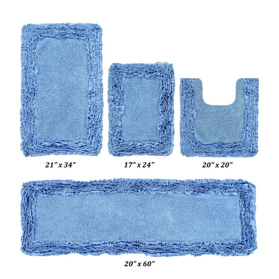 Better Trends 4 Piece Bathroom Rug Set 100% Cotton, Extra Soft, Water Absorbent & Non Slip Bath Mat, Ruffle Border, (Blue) Shaggy Border Collection