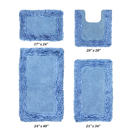 Better Trends 4 Piece Bathroom Rug Set 100% Cotton, Extra Soft, Water Absorbent & Non Slip Bath Mat, Ruffle Border, (Blue) Shaggy Border Collection