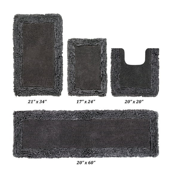 Better Trends 4 Piece Bathroom Rug Set 100% Cotton, Extra Soft, Water Absorbent & Non Slip Bath Mat, Ruffle Border, (Gray) Shaggy Border Collection