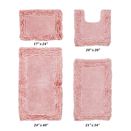 Better Trends 4 Piece Bathroom Rug Set 100% Cotton, Extra Soft, Water Absorbent & Non Slip Bath Mat, Ruffle Border, (Pink) Shaggy Border Collection