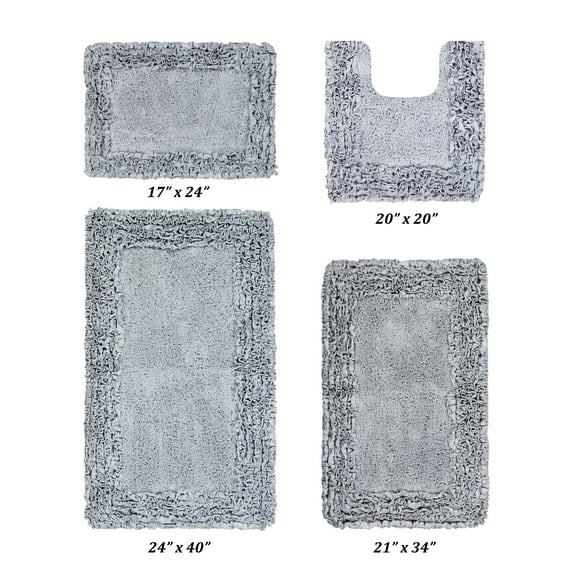 Better Trends 4 Piece Bathroom Rug Set 100% Cotton, Extra Soft, Water Absorbent & Non Slip Bath Mat, Ruffle Border, (Silver) Shaggy Border Collection