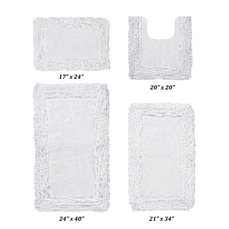 Better Trends 4 Piece Bathroom Rug Set 100% Cotton, Extra Soft, Water Absorbent & Non Slip Bath Mat, Ruffle Border, (White) Shaggy Border Collection