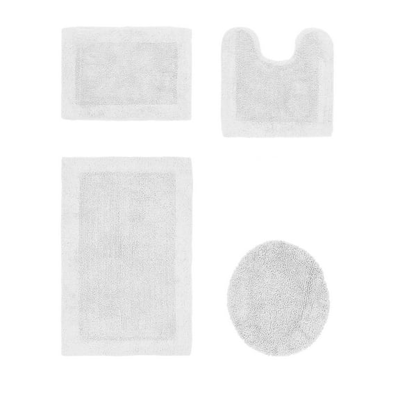 Better Trends Edge White Cotton 4 Piece Bath Rug Set, 17" x 24" | 20" x 20" | 18" x 20" | 21" x 34"