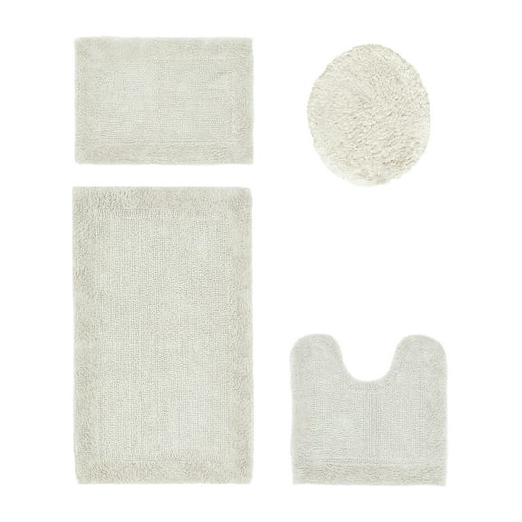 Better Trends 4 Piece Premium Bathroom Rug Set 100% Cotton Soft Tufted Bath Mat Water absorbent Reversible U shape Toilet Bath Rug for Bathroom, Shower and Bathtub Use, Ivory - Edge Collection