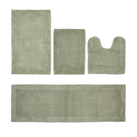 Better Trends 4 Piece Premium Bathroom Rug Set 100% Cotton Soft Tufted Bath Mat Water absorbent Reversible U shape Toilet Bath Rug for Bathroom, Shower and Bathtub Use, Dark Sage - Edge Collection