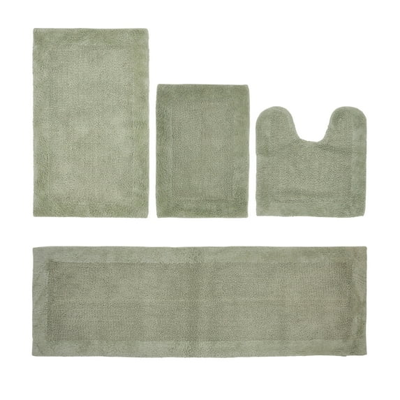 Better Trends 4 Piece Premium Bathroom Rug Set 100% Cotton Soft Tufted Bath Mat Water absorbent Reversible U shape Toilet Bath Rug for Bathroom, Shower and Bathtub Use, Dark Sage - Edge Collection