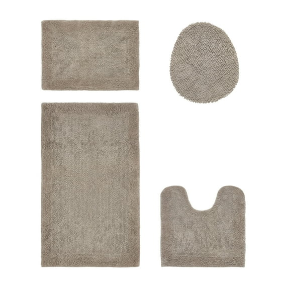Better Trends 4 Piece Premium Bathroom Rug Set 100% Cotton Soft Tufted Bath Mat Water absorbent Reversible U shape Toilet Bath Rug for Bathroom, Shower and Bathtub Use, Beige - Edge Collection