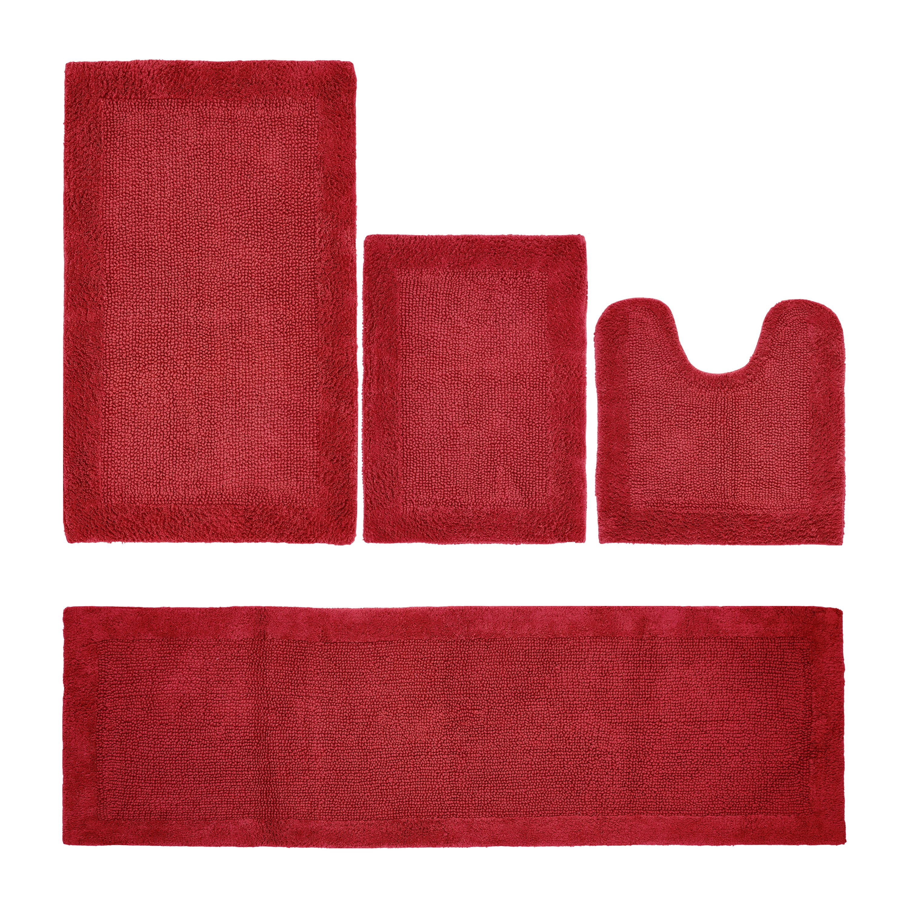 Better Trends 4 Piece Premium Bathroom Rug Set 100% Cotton Soft Tufted Bath Mat Water absorbent Reversible U shape Toilet Bath Rug Perfect for Bathroom, Shower and Bathtub Use, Red - Edge Collection