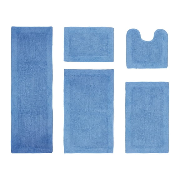 Better Trends 5 Piece Premium Bathroom Rug Set 100% Cotton Soft Tufted Bath Mat Water absorbent Reversible U shape Toilet Bath Rug for Bathroom, Shower and Bathtub Use, Dark Blue - Edge Collection
