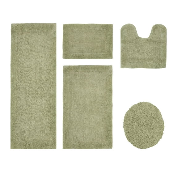 Better Trends 5 Piece Premium Bathroom Rug Set 100% Cotton Soft Tufted Bath Mat Water absorbent Reversible U shape Toilet Bath Rug Perfect for Bathroom, Shower and Bathtub Use, Sage - Edge Collection