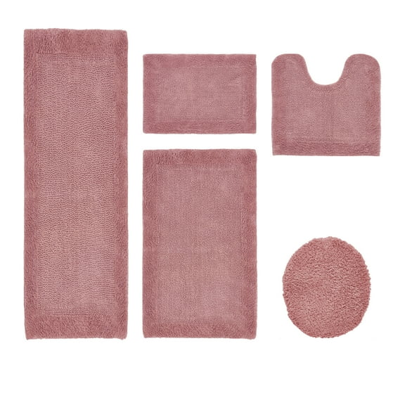 Better Trends 5 Piece Premium Bathroom Rug Set 100% Cotton Soft Tufted Bath Mat Water absorbent Reversible U shape Toilet Bath Rug Perfect for Bathroom, Shower and Bathtub Use, Pink - Edge Collection