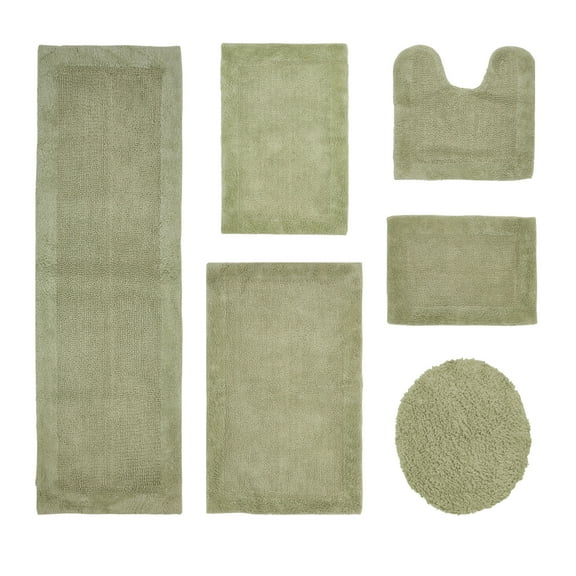 Better Trends 6 Piece Premium Bathroom Rug Set 100% Cotton Soft Tufted Bath Mat Water absorbent Reversible Bath Rug Perfect for Bathroom, Shower and Bathtub Use, Sage - Edge Collection