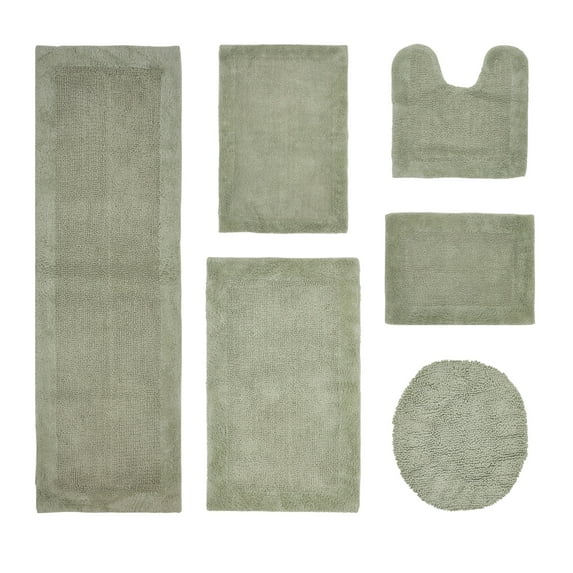 Better Trends 6 Piece Premium Bathroom Rug Set 100% Cotton Soft Tufted Bath Mat Water absorbent Reversible Bath Rug Perfect for Bathroom, Shower and Bathtub Use, Dark Sage - Edge Collection