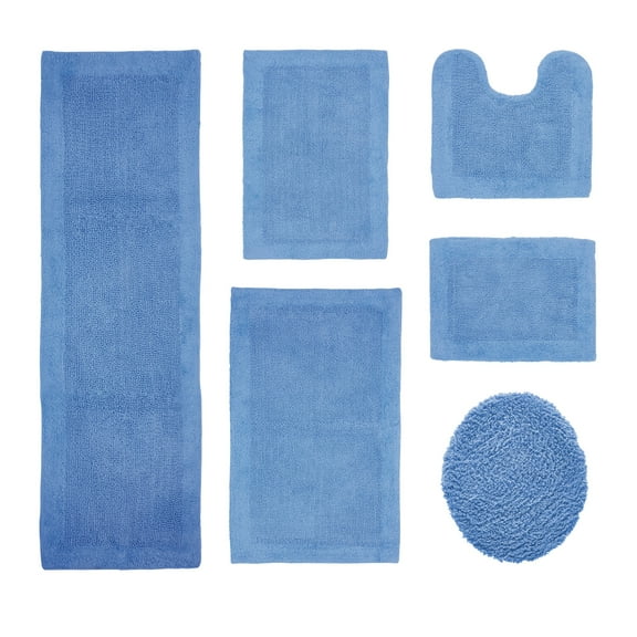 Better Trends 6 Piece Premium Bathroom Rug Set 100% Cotton Soft Tufted Bath Mat Water absorbent Reversible Bath Rug Perfect for Bathroom, Shower and Bathtub Use, Dark Blue - Edge Collection