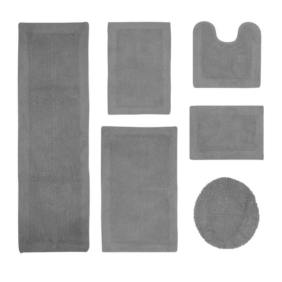 Better Trends 6 Piece Premium Bathroom Rug Set 100% Cotton Soft Tufted Bath Mat Water absorbent Reversible Bath Rug Perfect for Bathroom, Shower and Bathtub Use, Gray - Edge Collection