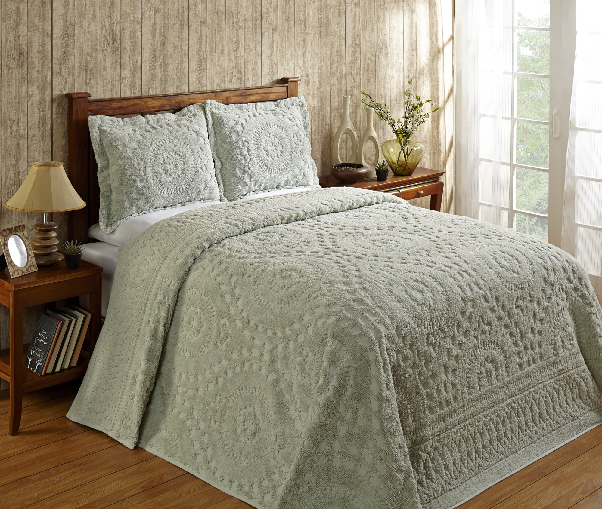 Better Trends 96" x 110" Bedspread For Full/Double Size Bed 100% Cotton Soft & Breathable Bedding Luxurious Medallion Design, Machine Washable (Sage) Rio Collection