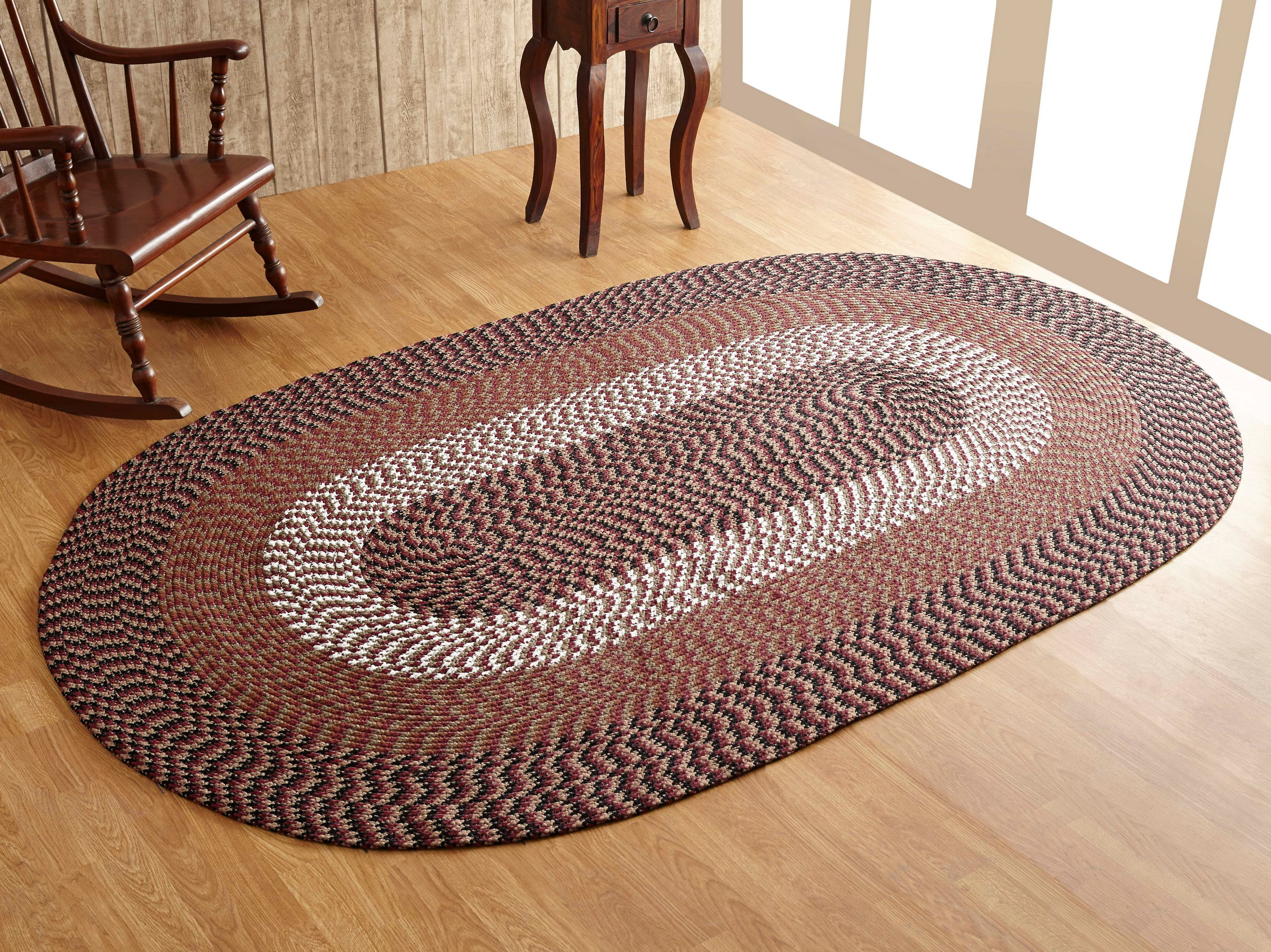Burgundy Stripe 4' x 6' Oval Braided Reversible Synthetic Rug