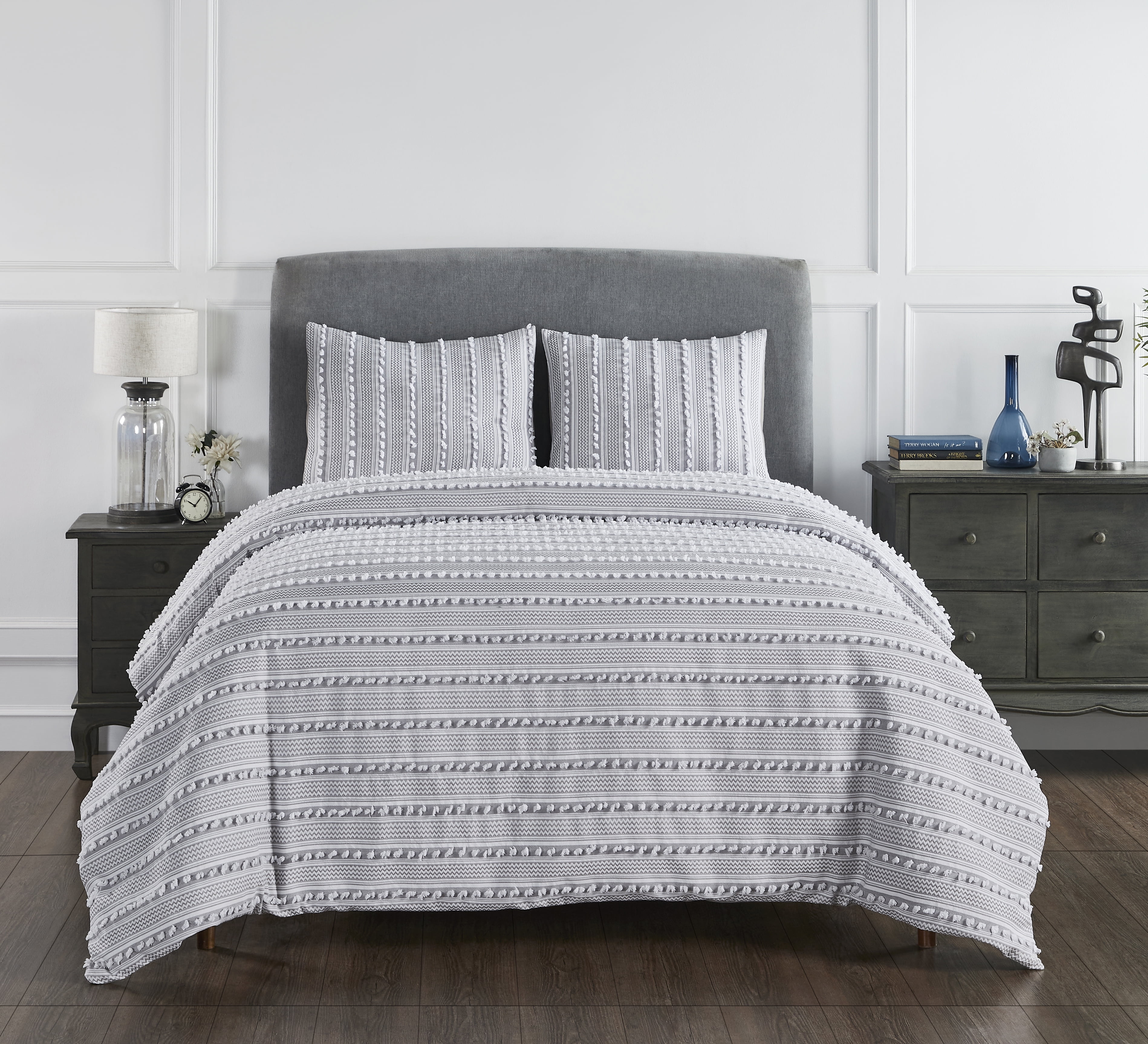 Gray King Cotton Comforter Set with Textured Stripes