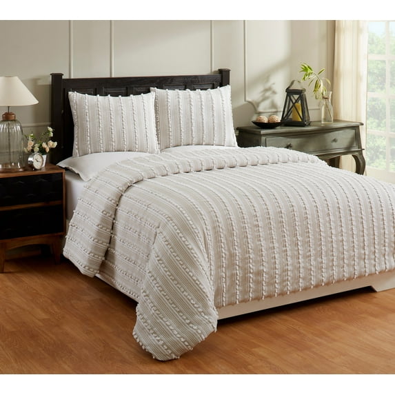 Better Trends Chenille Comforter Set King Size 3 Piece 100% Cotton Soft & Cozy All Season Bedding Angelique Collection - Taupe