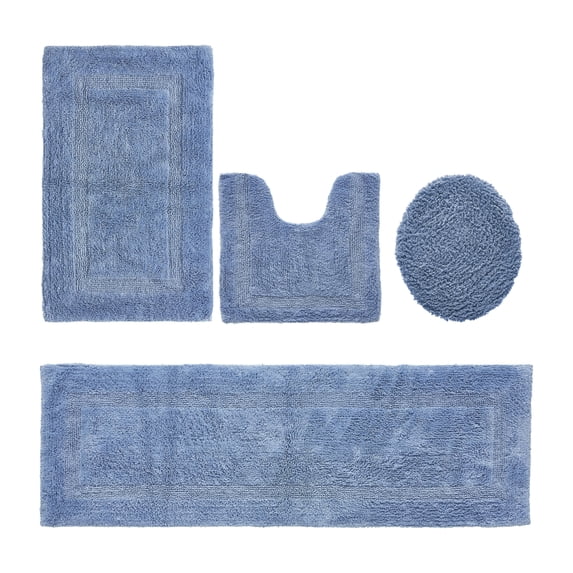 Better Trends Bath Rug 4 Piece Set 100% Cotton Soft Bathroom Seat Covers, Water Absorbent Reversible Machine Washable for Bathroom Decor Toilet Base Contour Runner Rug Dark Blue Lux Collection