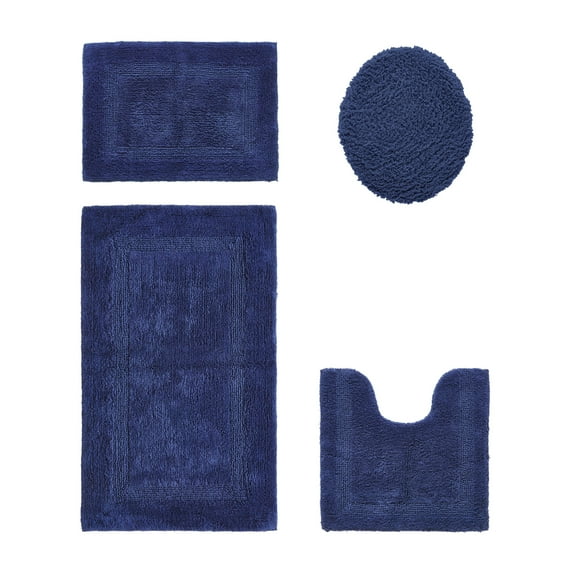 Better Trends Bath Rug 4 Piece Set 100% Cotton Soft Bathroom Seat Covers, Water Absorbent, Reversible, Machine Washable for Bathroom Decor Toilet Base Contour, Lid Cover Navy Lux Collection