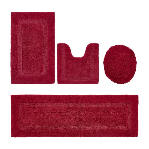 Better Trends Bath Rug 4 Piece Set 100% Cotton Soft Bathroom Seat Covers, Water Absorbent, Reversible, Machine Washable for Bathroom Decor Toilet Base Contour, Lid Cover Red Lux Collection