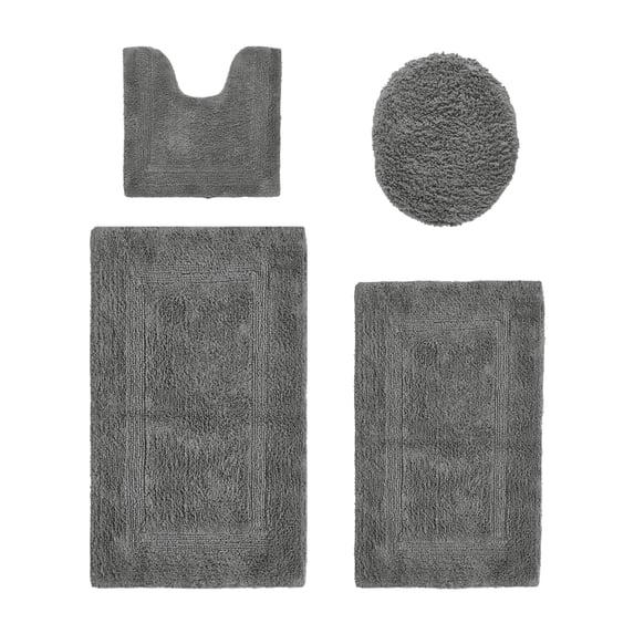 Better Trends Bath Rug 4 Piece Set 100% Cotton Soft Bathroom Seat Covers Water Absorbent Reversible Machine Washable for Bathroom Decor U-Shaped Toilet Base Contour Lid CoverGray Lux Collection