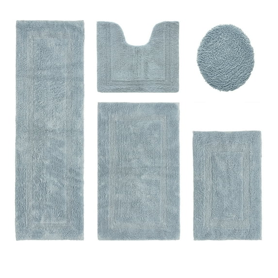 Better Trends Bath Rugs 5 Piece Set 100% Cotton Soft U-Shaped Toilet Mat Water Absorbent Reversible Machine Washable for Bathroom Decor Lid Cover, Runner Mat Blue Lux Collection