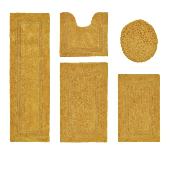Better Trends Bath Rugs 5 Piece Set 100% Cotton Soft U-Shaped Toilet Mat Water Absorbent Reversible Machine Washable for Bathroom Decor Toilet Base Contour, Lid Cover Yellow Lux Collection